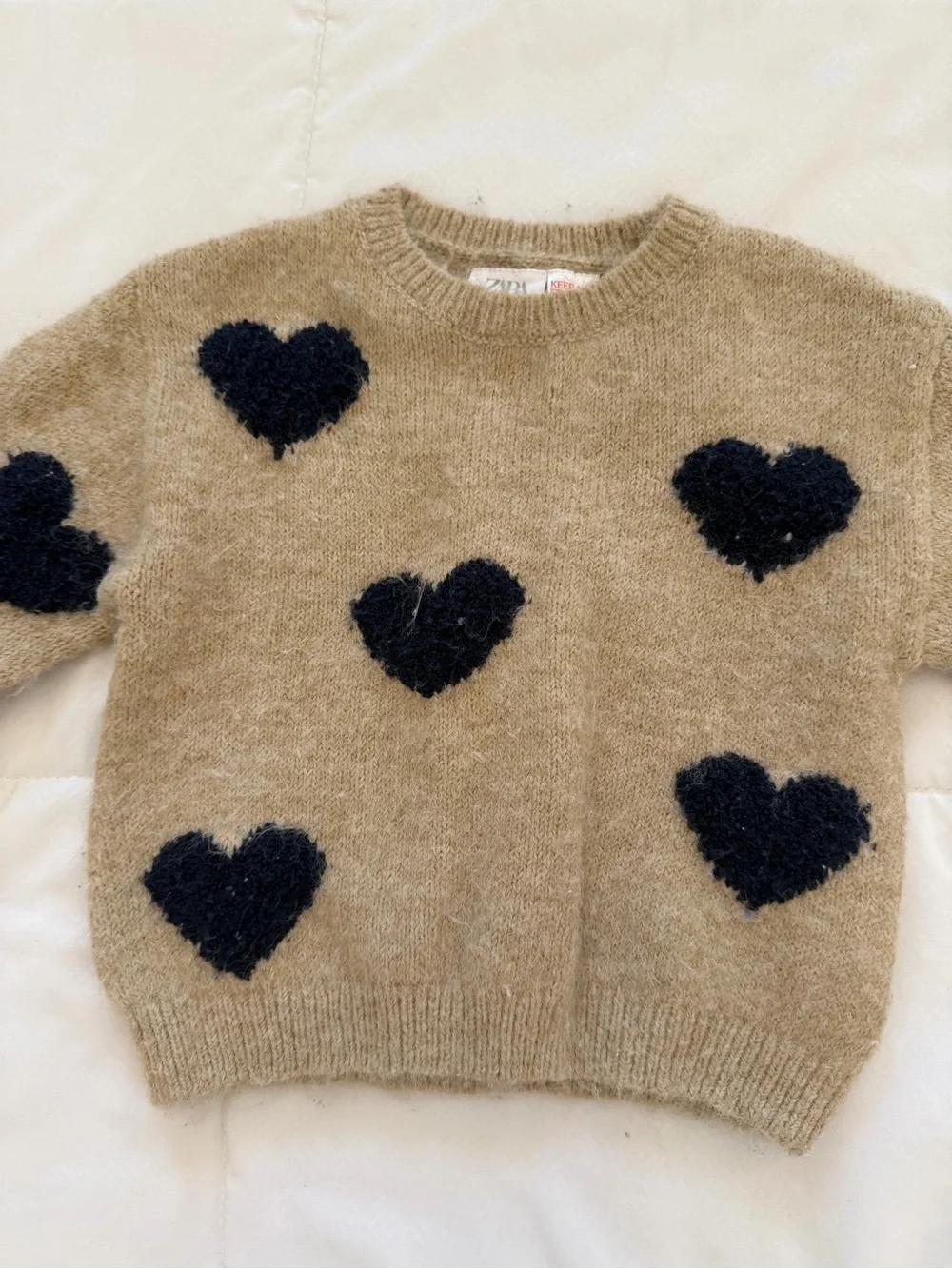 Zara Tan Crewneck Sweater with Black Heart Motif